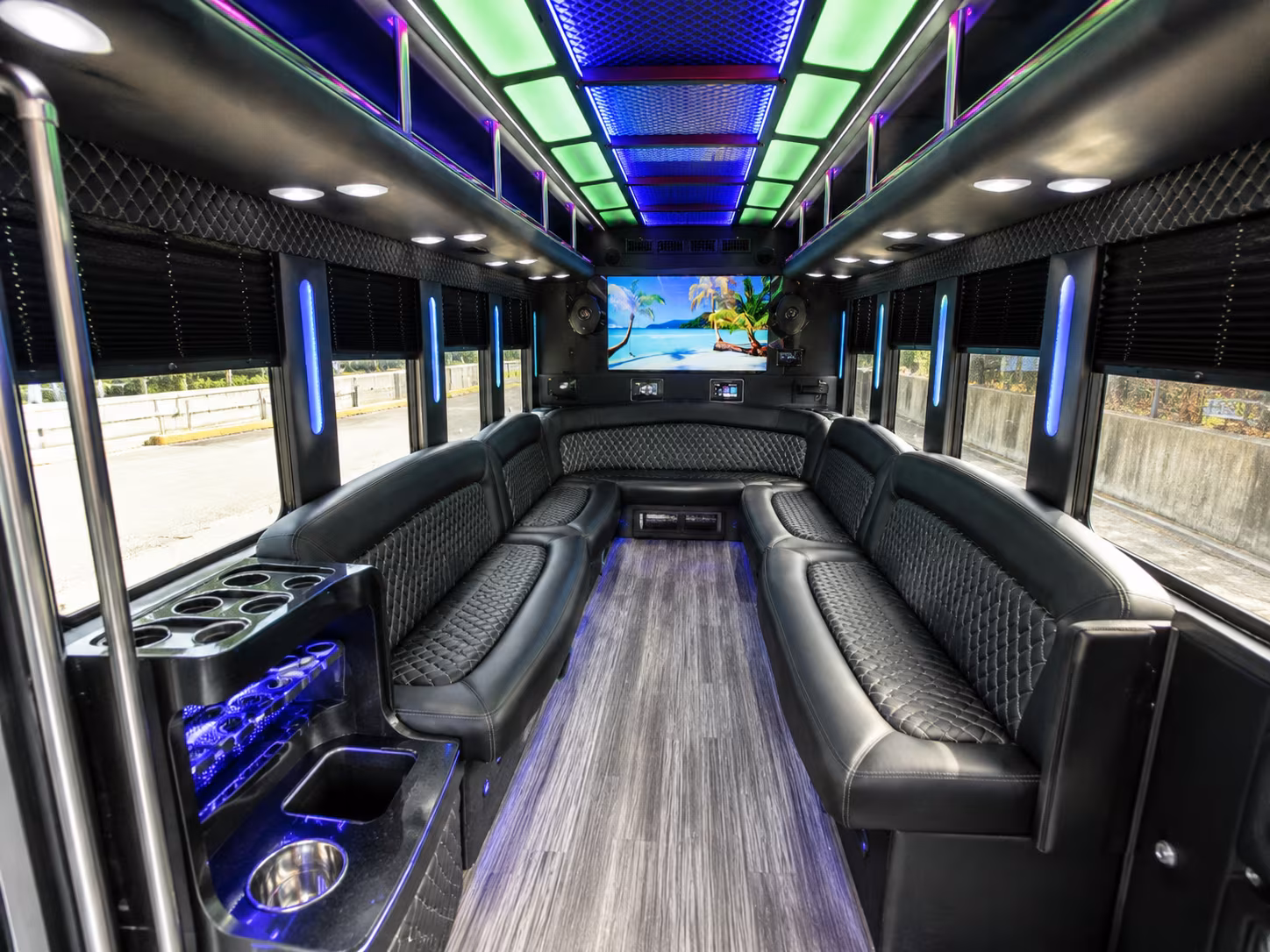 mission 18 passenger party bus inside