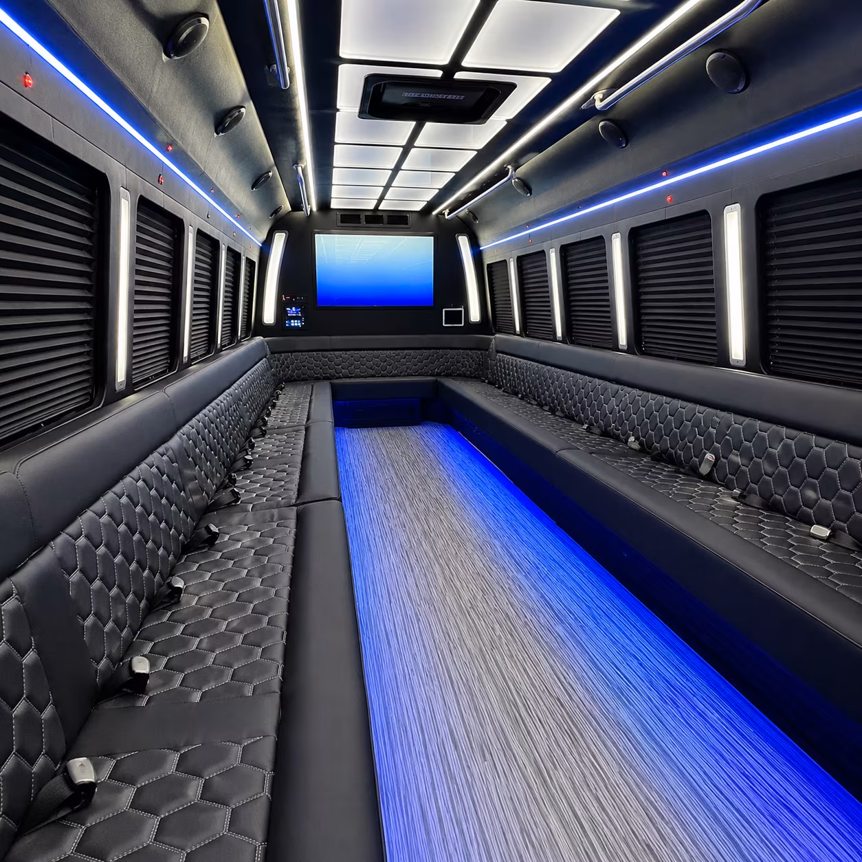 mission 50 passenger party bus inside